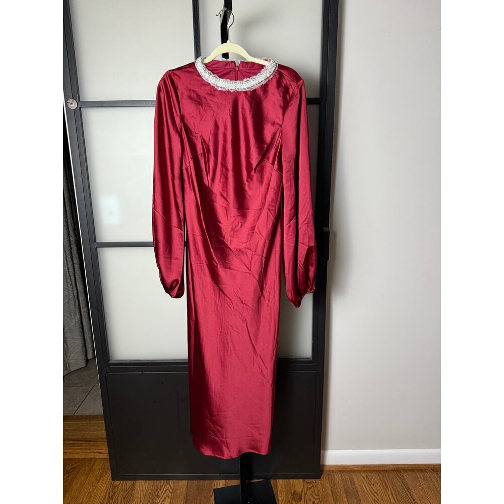 Mac Duggal Red Satin Midi Dress with Balloon Sleeves - Picture 2 of 10